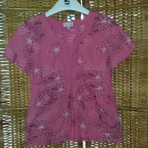Peaches Pink Plumeria Scrub Top M